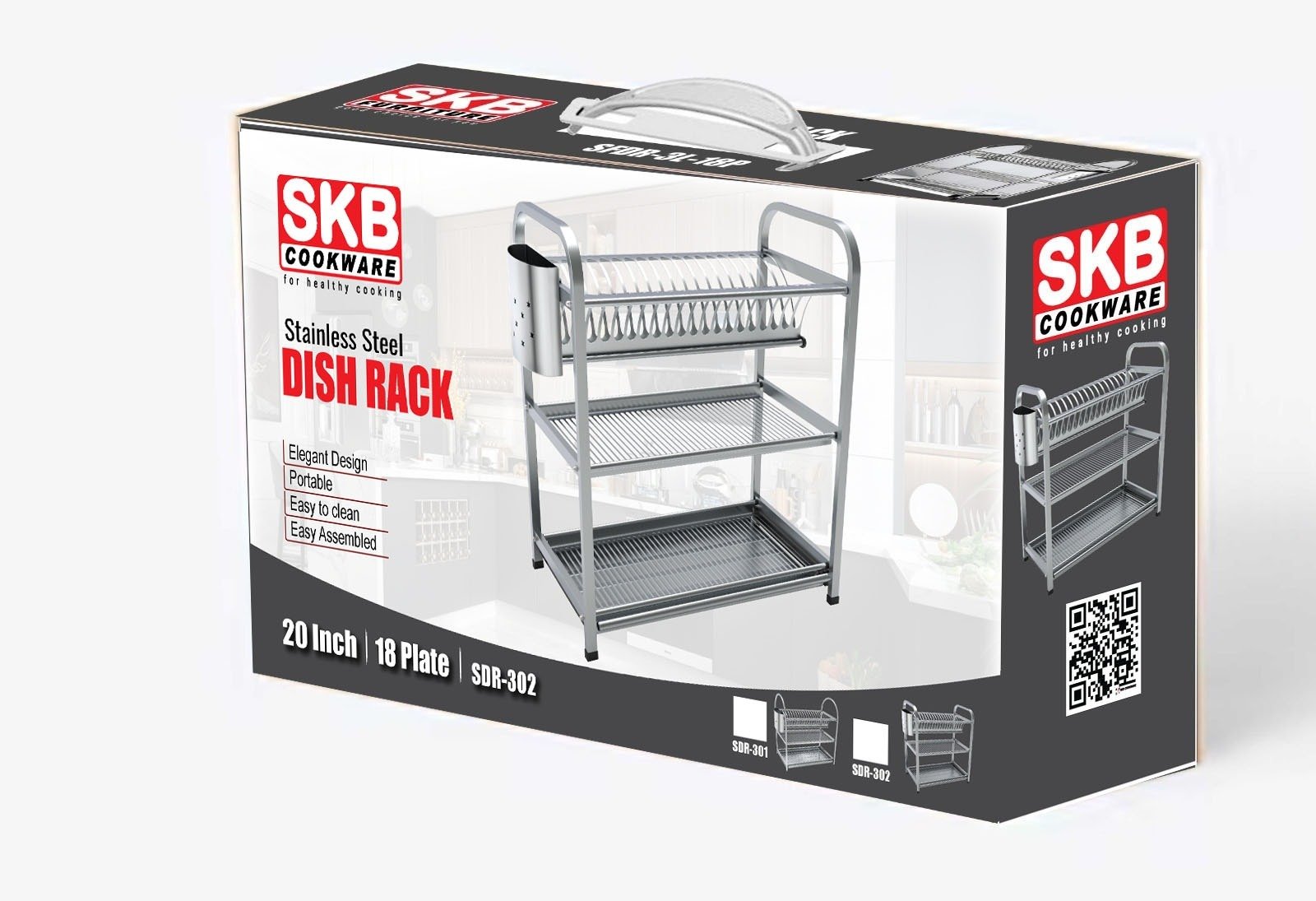 SKB Cookware Wall Hanging 3 Layer Stainless Steel Dish Rack (Square) 18 & 20 Plate - High Quality with Glass & Spoon Holder - Image 3