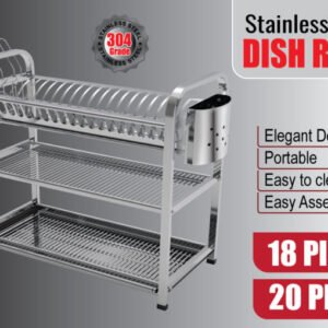 SKB Cookware Wall Hanging 3 Layer Stainless Steel Dish Rack (Square) 18 & 20 Plate - High Quality with Glass & Spoon Holder